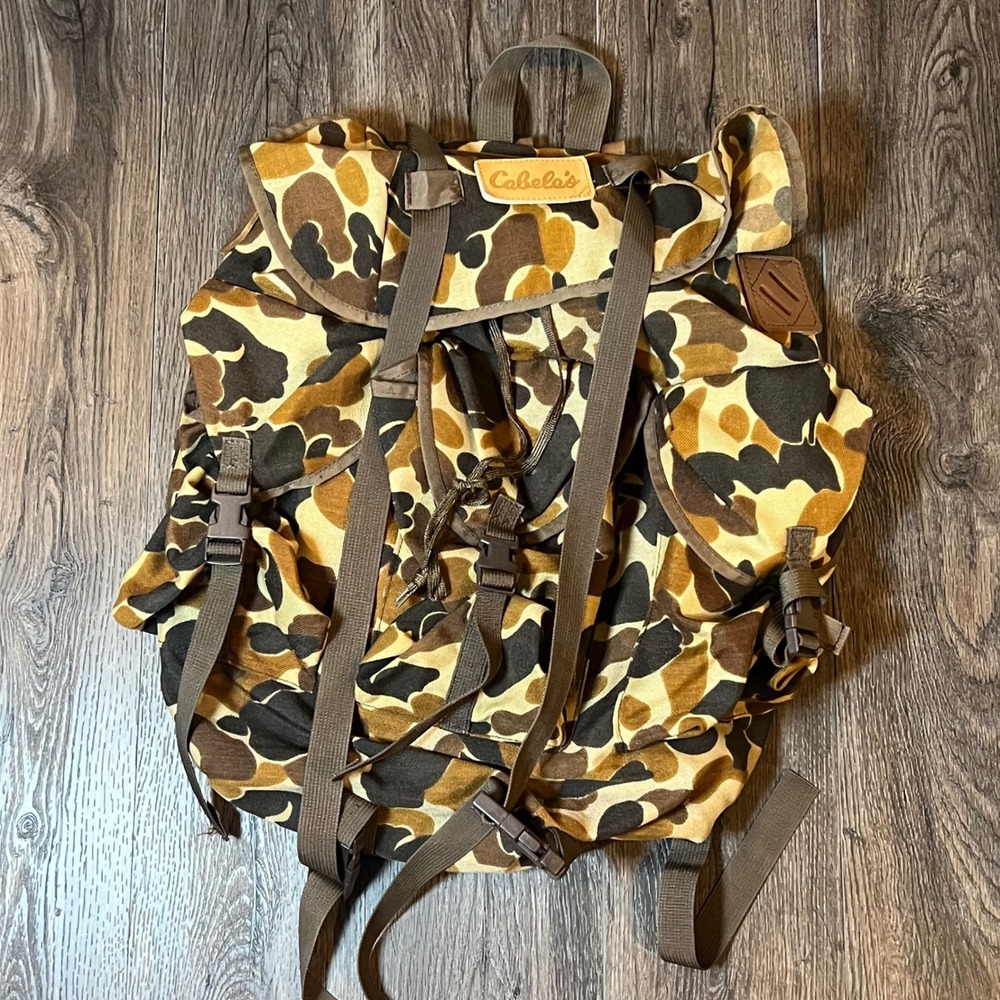 Vintage Cabelas Duck Camo Canvas Rucksack Backpack Hunting Bag Brown Tan